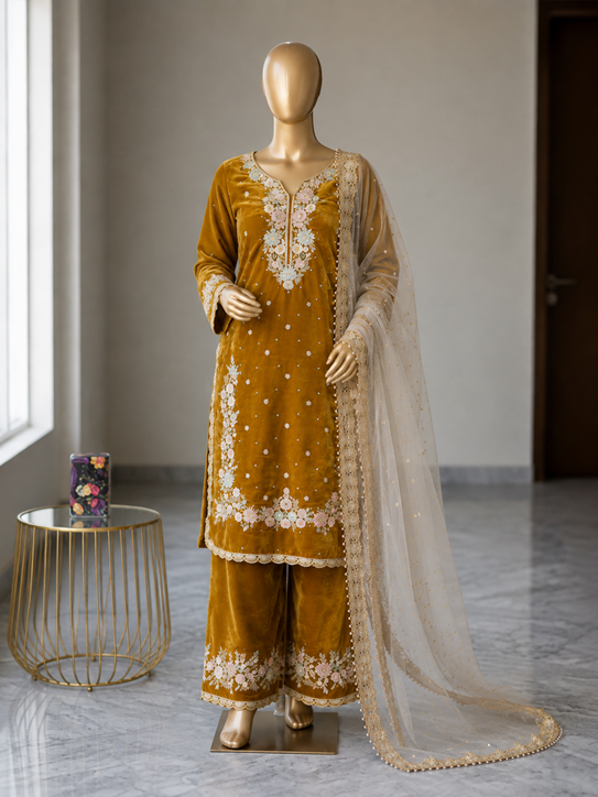 Women's Silk Embroidered 3/4th Sleeve Round Kurti With Palazzo Pant and Dupatta Set (Gold)        A3512222212_L