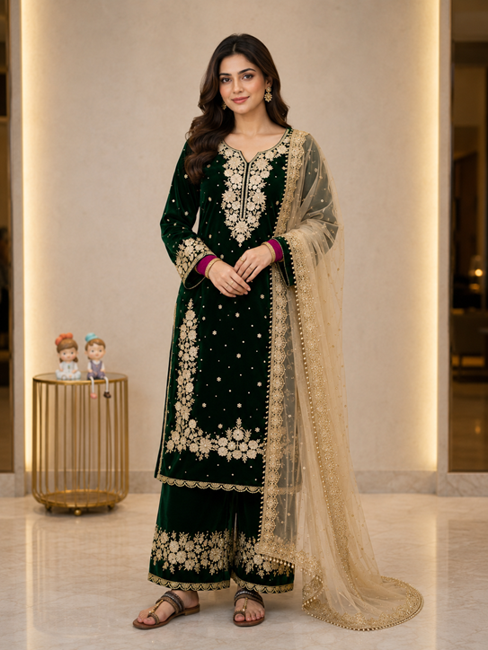 Women's Silk Embroidered 3/4th Sleeve Round Kurti With Palazzo Pant and Dupatta Set (Dark Green)       A3512222214_L