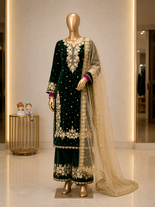 Women's Silk Embroidered 3/4th Sleeve Round Kurti With Palazzo Pant and Dupatta Set (Dark Green)       A3512222214_L