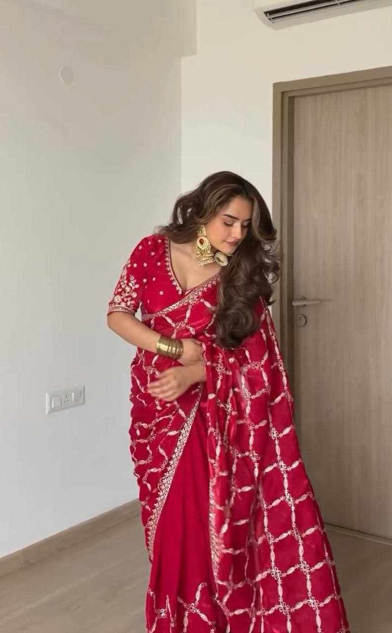 Royal Red Embroidered Party Wear Saree