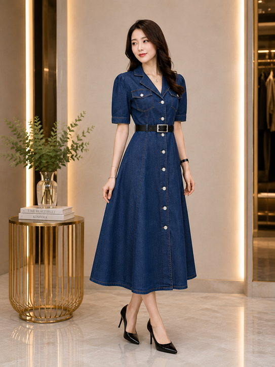 Women's Casual Denim Half Sleeves Dress (Blue)        BSB311YYY2185_L