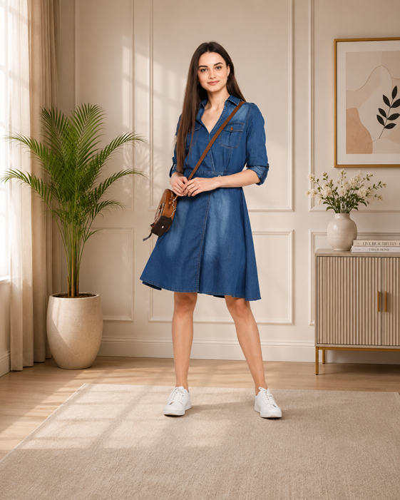 Women's Denim Solid Roll Up Sleeve Dress (Blue)