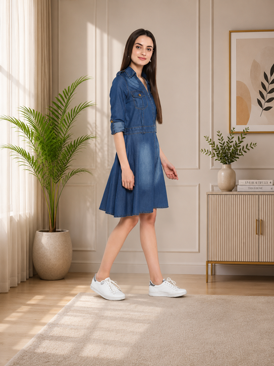 Women's Denim Solid Roll Up Sleeve Dress (Blue)