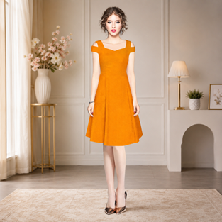 Women's Polyester Solid V Neck Cap Sleeve off Shoulder Dress (Yellow)        BSB71NYYYP_D_205_Ylw_L