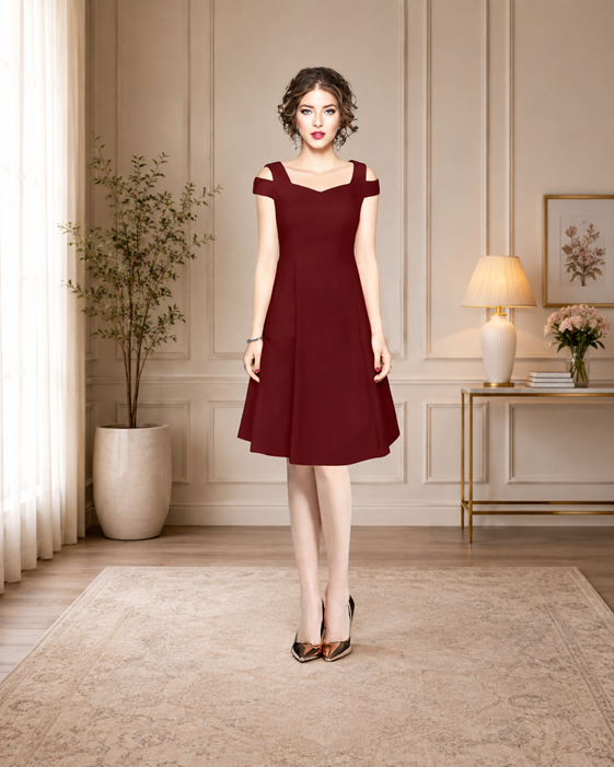 Women's Polyester Solid V Neck Cap Sleeve off Shoulder Dress (Maroon)        BSB71NYYYP_D_202_Mron_L