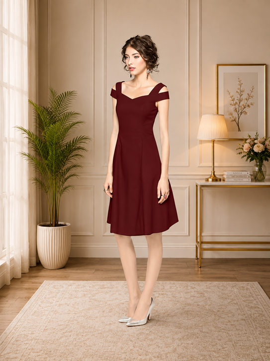Women's Polyester Solid V Neck Cap Sleeve off Shoulder Dress (Maroon)        BSB71NYYYP_D_202_Mron_L