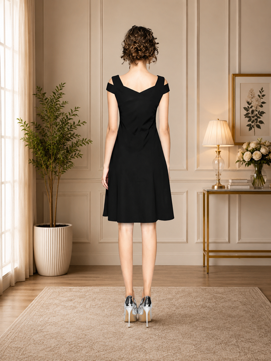 Women's Polyester Solid V Neck Cap Sleeve off Shoulder Dress (Black)        BSB71NYYYP_D_201_Blk_L