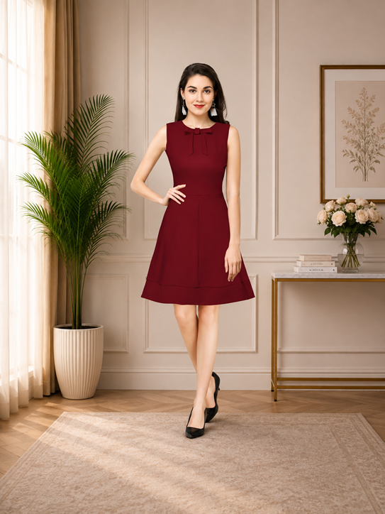 Women's Polyester Solid Round Neck Sleeveless Dress (Maroon)        BSB71NYYYP_D_262_Mron_L