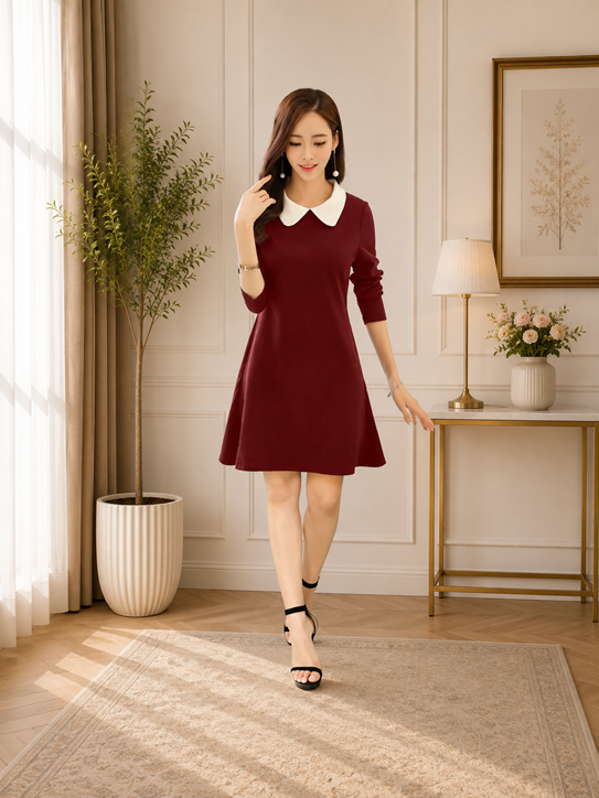 Women's Polyester Solid Collar 3-4th Dress (Maroon)      BSB71NYYYP_D_42_Mron_L