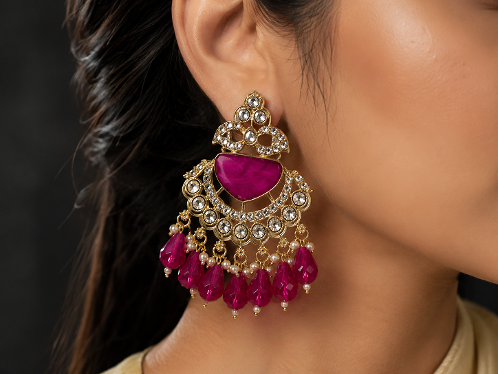 Royal Magenta Kundan Chandbali Earrings with Crystal & Beaded Drops