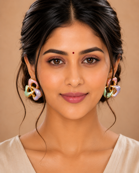 Pastel Multicolor Interlocking Statement Earrings – Gold-Tone Fashion Jewellery