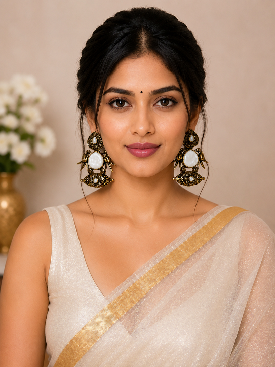 Antique Gold Pearl White Stone Statement Earrings