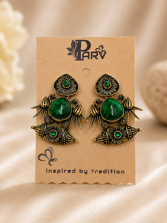 Antique Gold Emerald Green Stone Statement Earrings