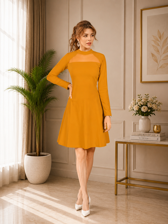 Women's Knitting stretchable Solid Round Neck Full Sleeve Dress (Yellow)         BSB71NYYYP_D_585_Ylw_L