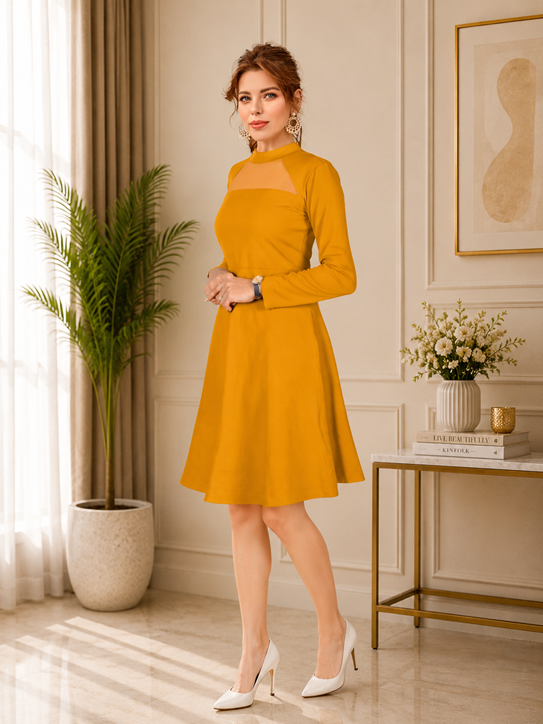 Women's Knitting stretchable Solid Round Neck Full Sleeve Dress (Yellow)         BSB71NYYYP_D_585_Ylw_L