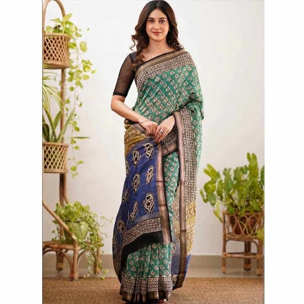 Emerald Green Floral Printed Saree(KPW 401)