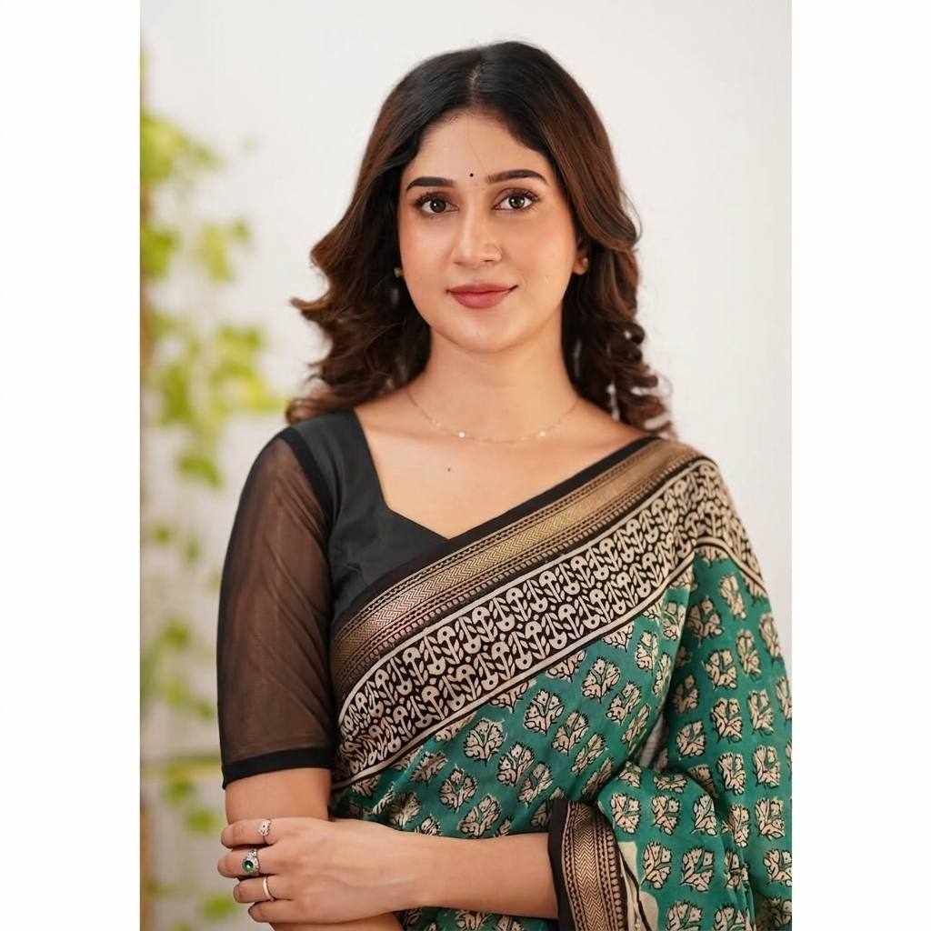 Emerald Green Floral Printed Saree(KPW 401)