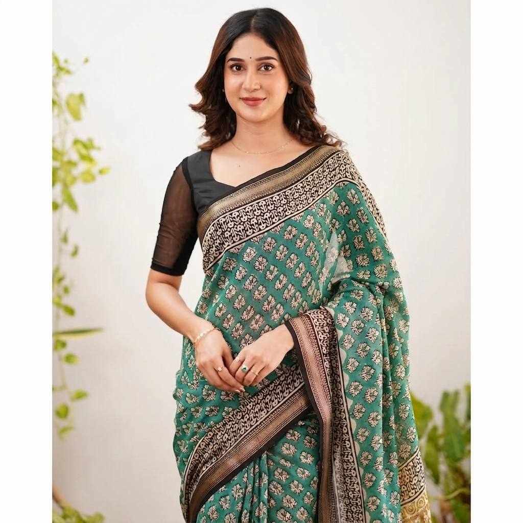 Emerald Green Floral Printed Saree(KPW 401)