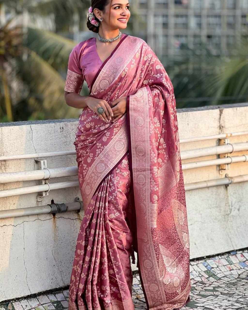 Rose Pink Litchi Silk Saree(KPR 290)