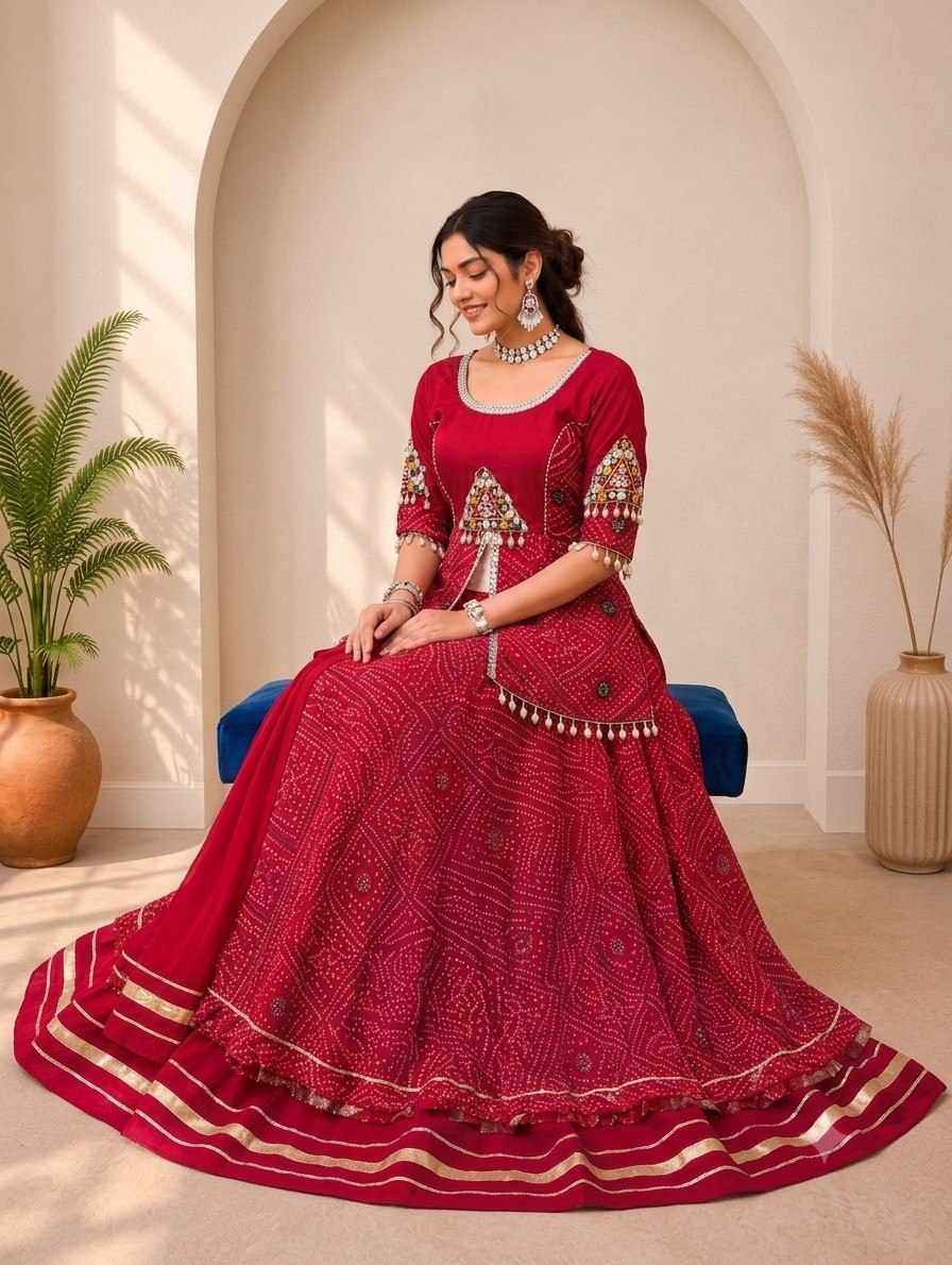 Navratri Special  Bandhani Print Red Lehenga( SKU WM45)