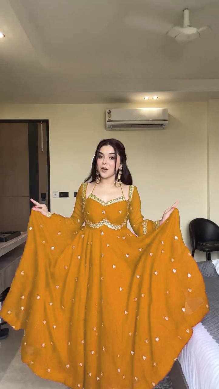  Prmeium Elegance Foux Gorgette Musturd Yellow Dress  (RTC 5924)