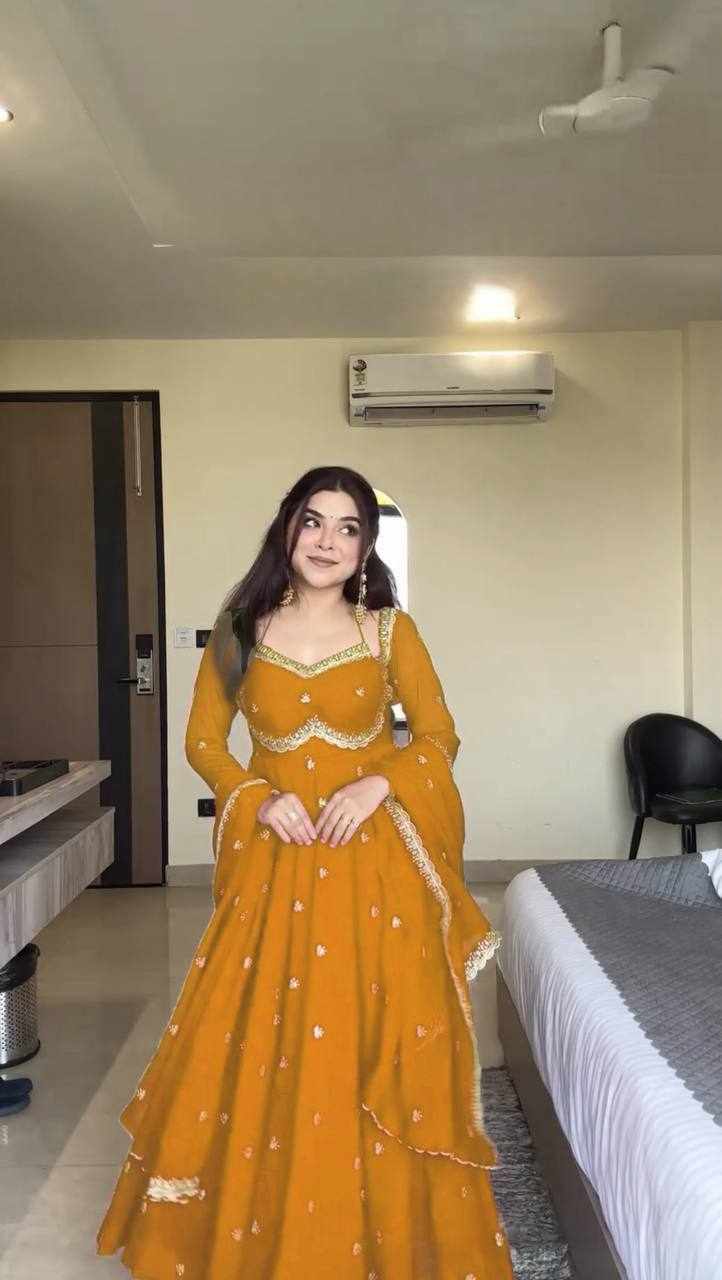  Prmeium Elegance Foux Gorgette Musturd Yellow Dress  (RTC 5924)
