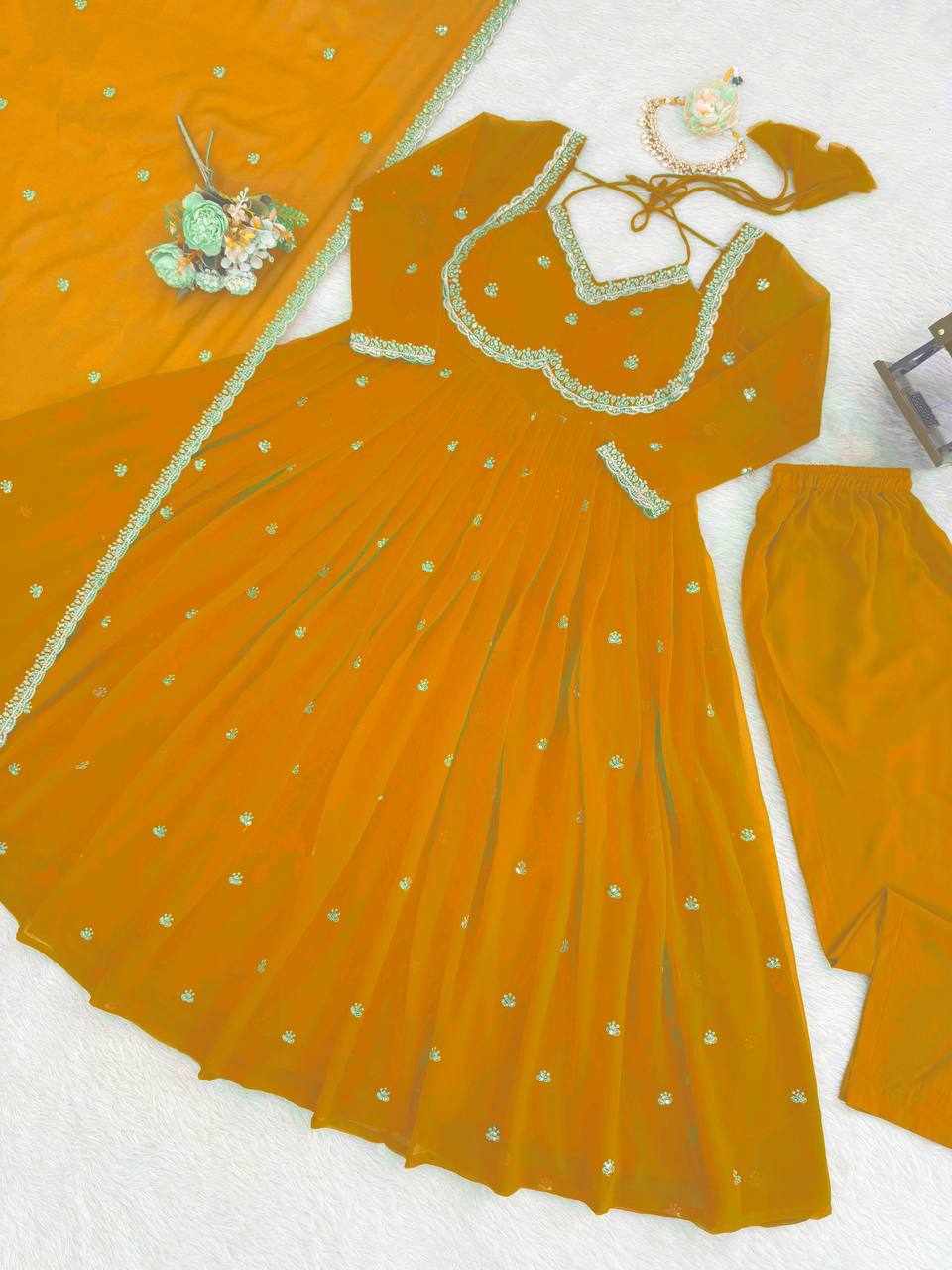 Prmeium Elegance Foux Gorgette Musturd Yellow Dress (RTC 5924)
