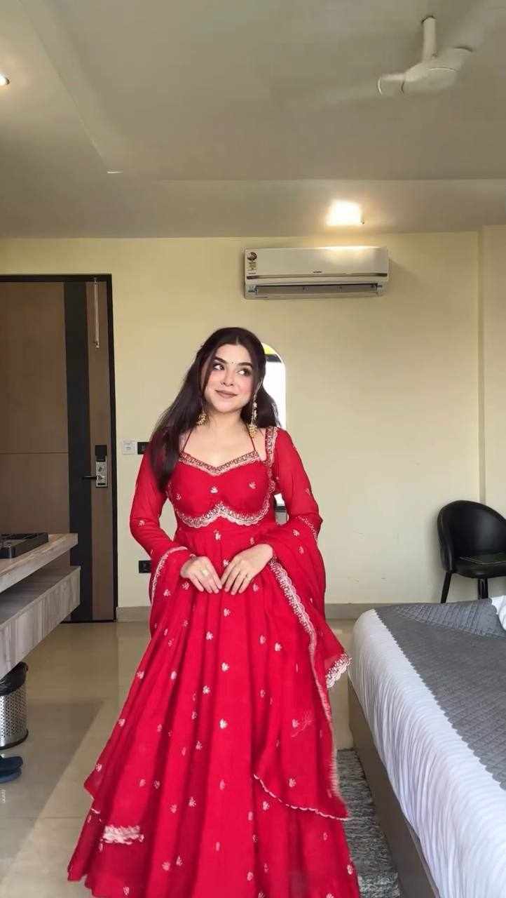 Prmeium Elegance Foux Gorgette Red Wear Dress  (RTC 5924)
