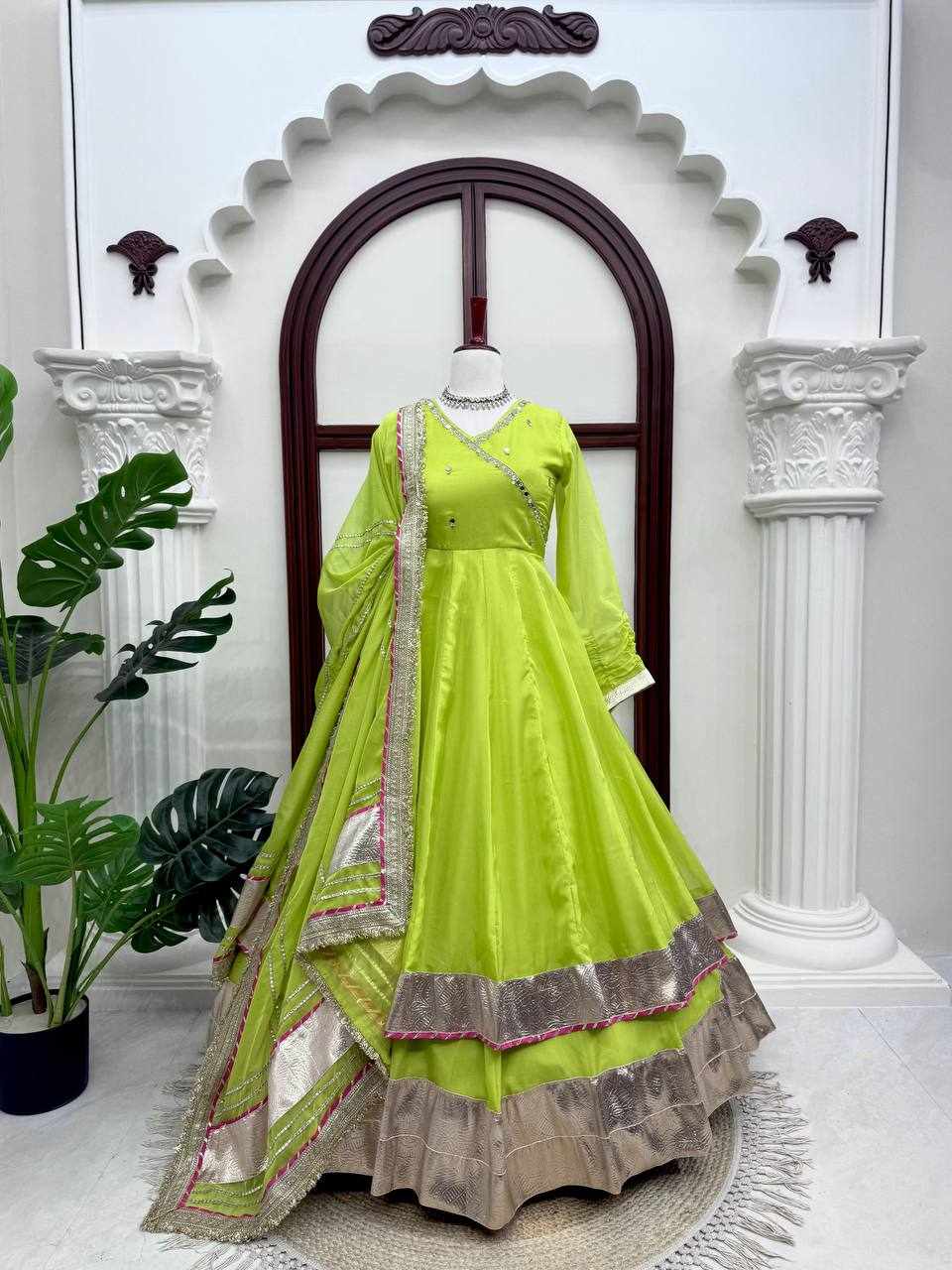 Premium Elegance Anarkali Silk Cotton Green Dress  (RTC 6048)
