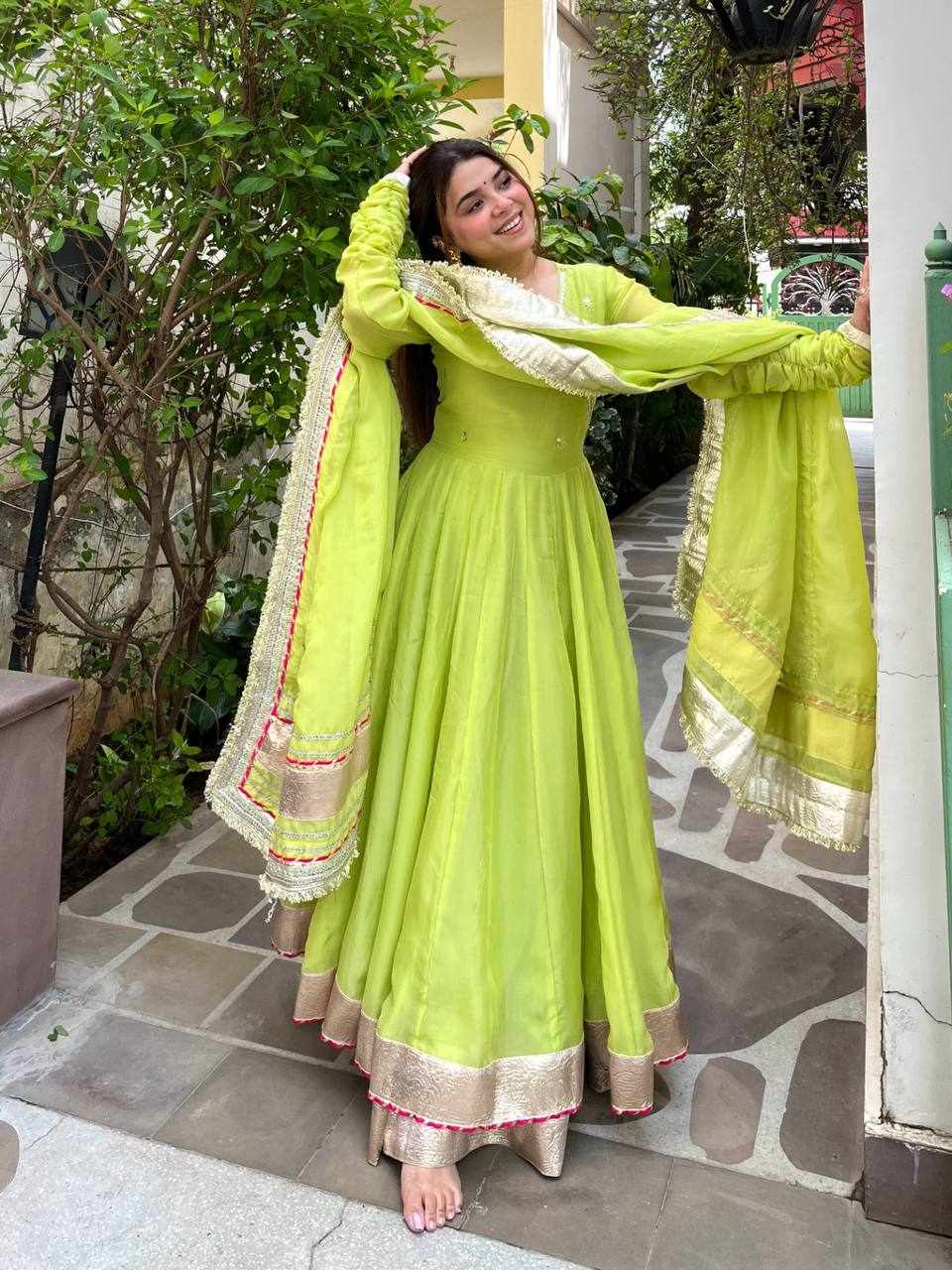 Premium Elegance Anarkali Silk Cotton Green Dress  (RTC 6048)