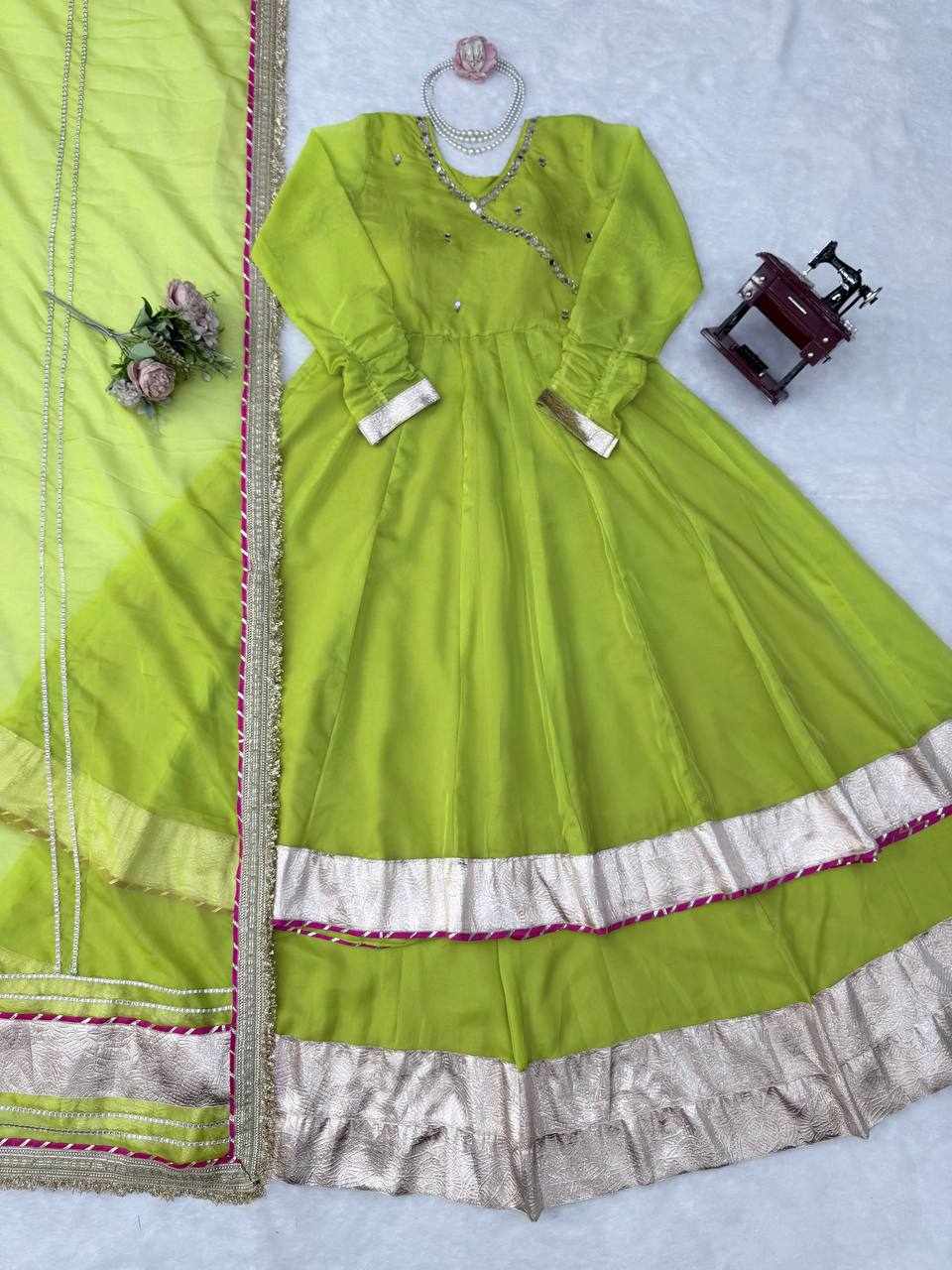 Premium Elegance Anarkali Silk Cotton Green Dress  (RTC 6048)