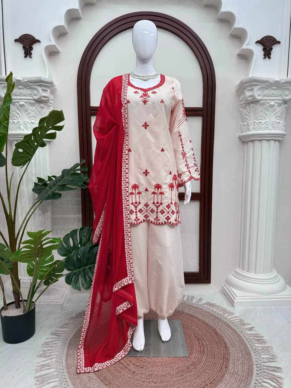White & Red Embroidered Suit Set  (KD 1638)