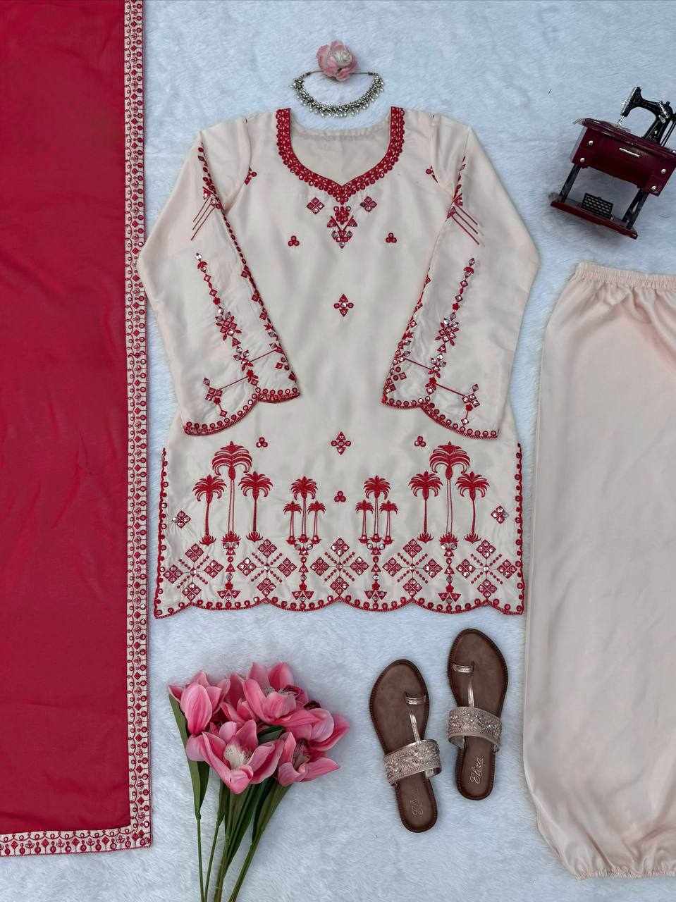 White & Red Embroidered Suit Set  (KD 1638)