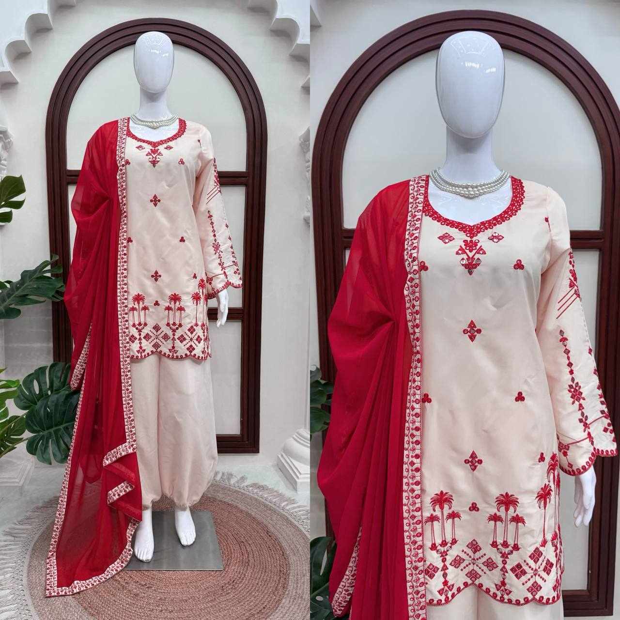 White & Red Embroidered Suit Set  (KD 1638)