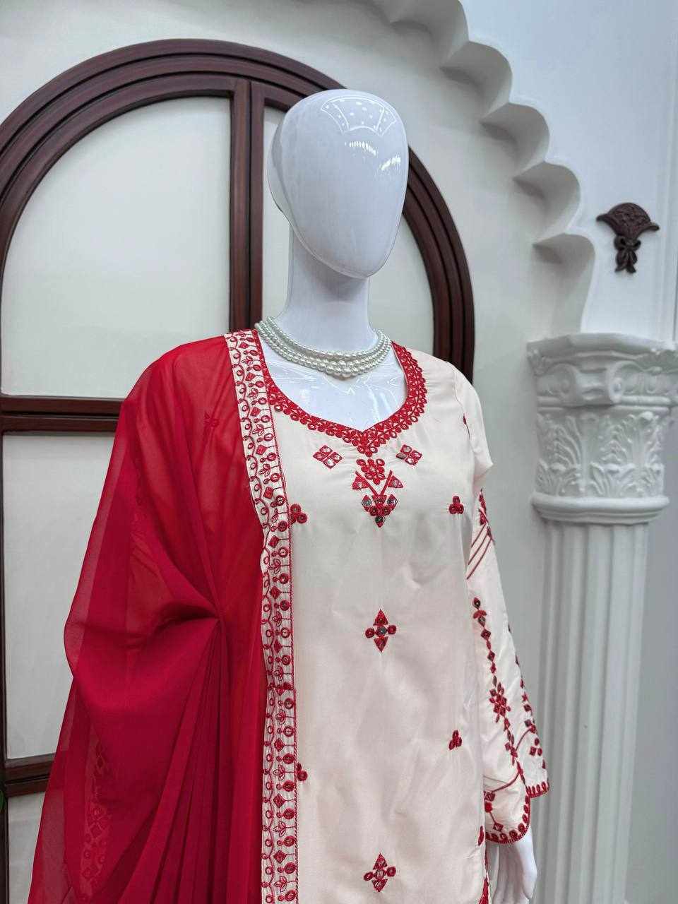 White & Red Embroidered Suit Set  (KD 1638)
