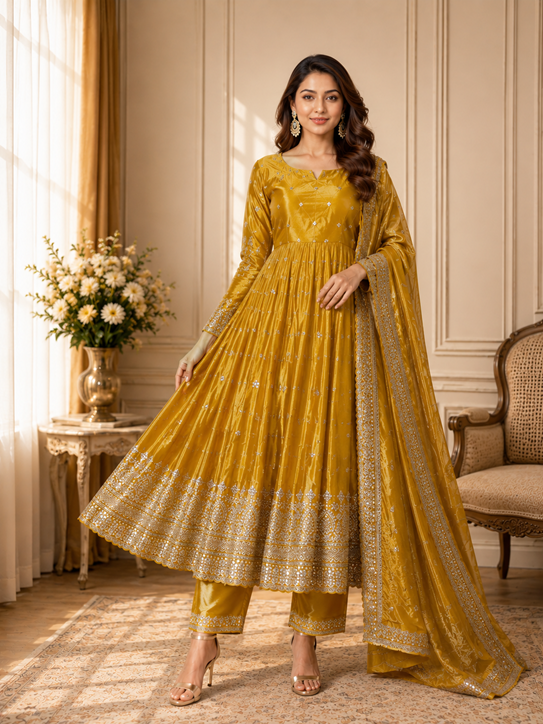 YELLOW PARTY WEAR LOOK DRESS  (MF 404)