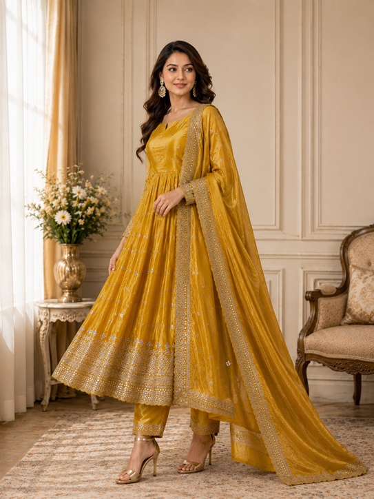 YELLOW PARTY WEAR LOOK DRESS  (MF 404)