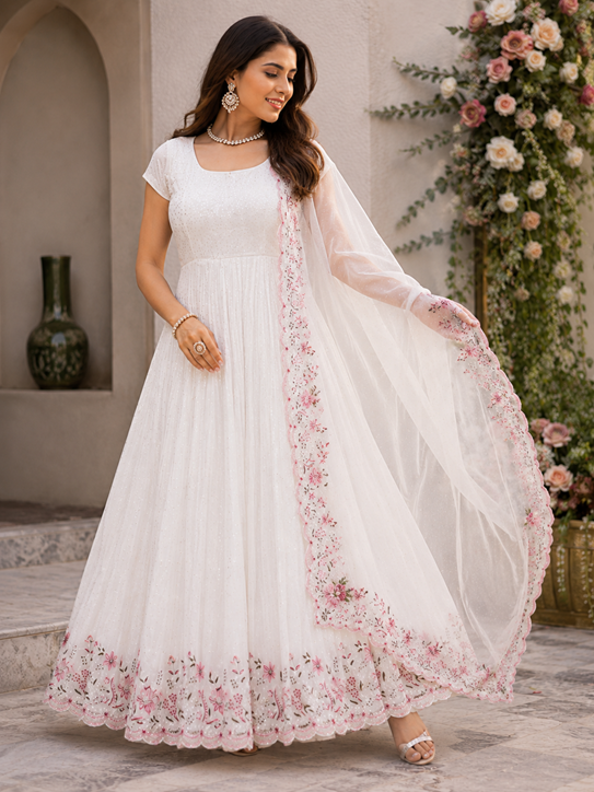 Chinon silk thread with Sequnce Off White Readymade Dress  (RTC 5873)