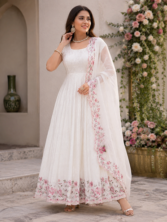 Chinon silk thread with Sequnce Off White Readymade Dress  (RTC 5873)