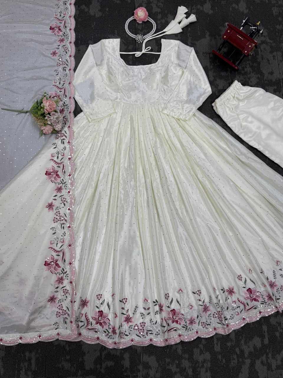 Chinon silk thread with Sequnce Off White Readymade Dress  (RTC 5873)