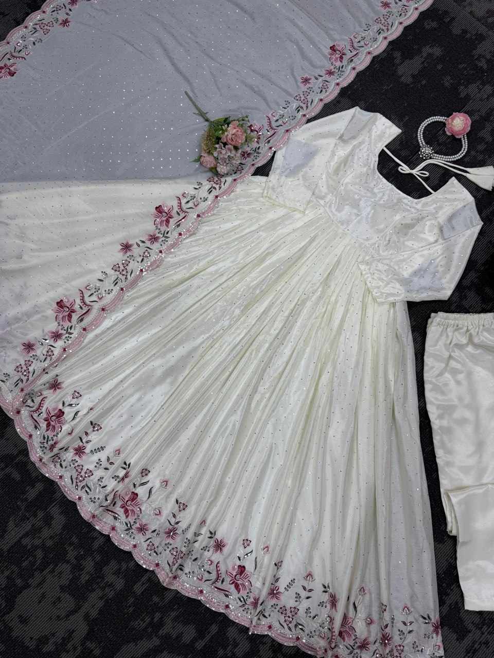 Chinon silk thread with Sequnce Off White Readymade Dress  (RTC 5873)