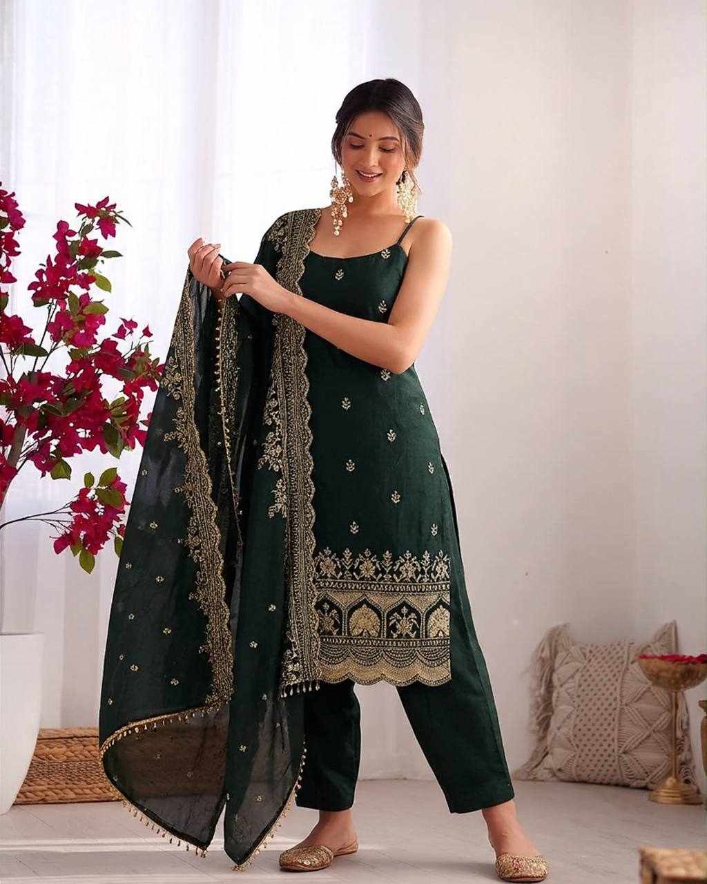 Premium Elegance Anarkali Silk Dark Green Dress  (KD 1640)