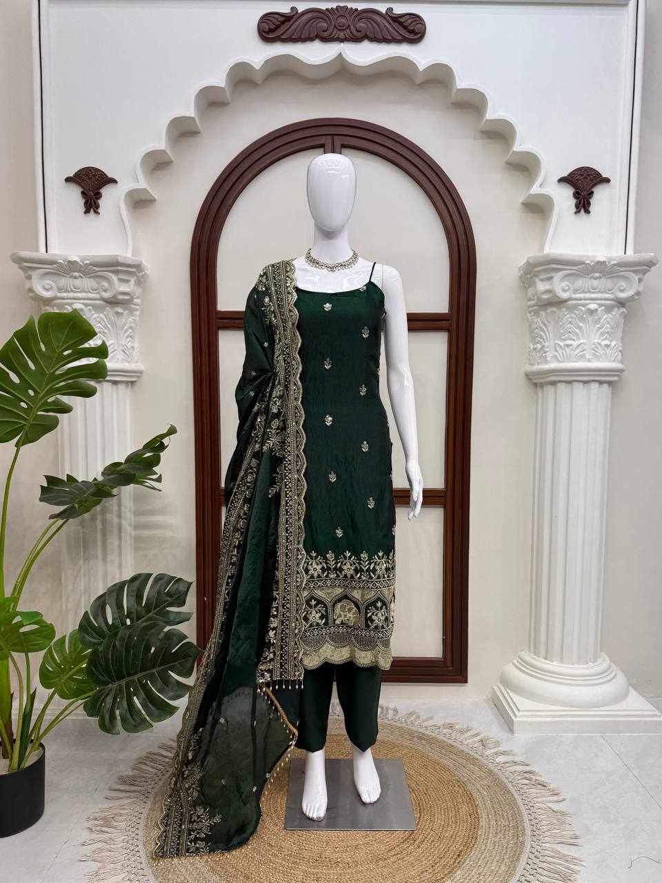 Premium Elegance Anarkali Silk Dark Green Dress  (KD 1640)
