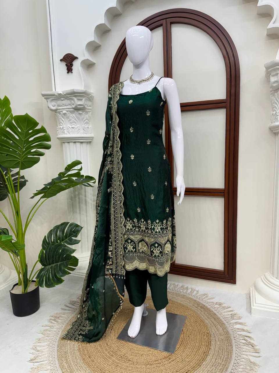 Premium Elegance Anarkali Silk Dark Green Dress  (KD 1640)