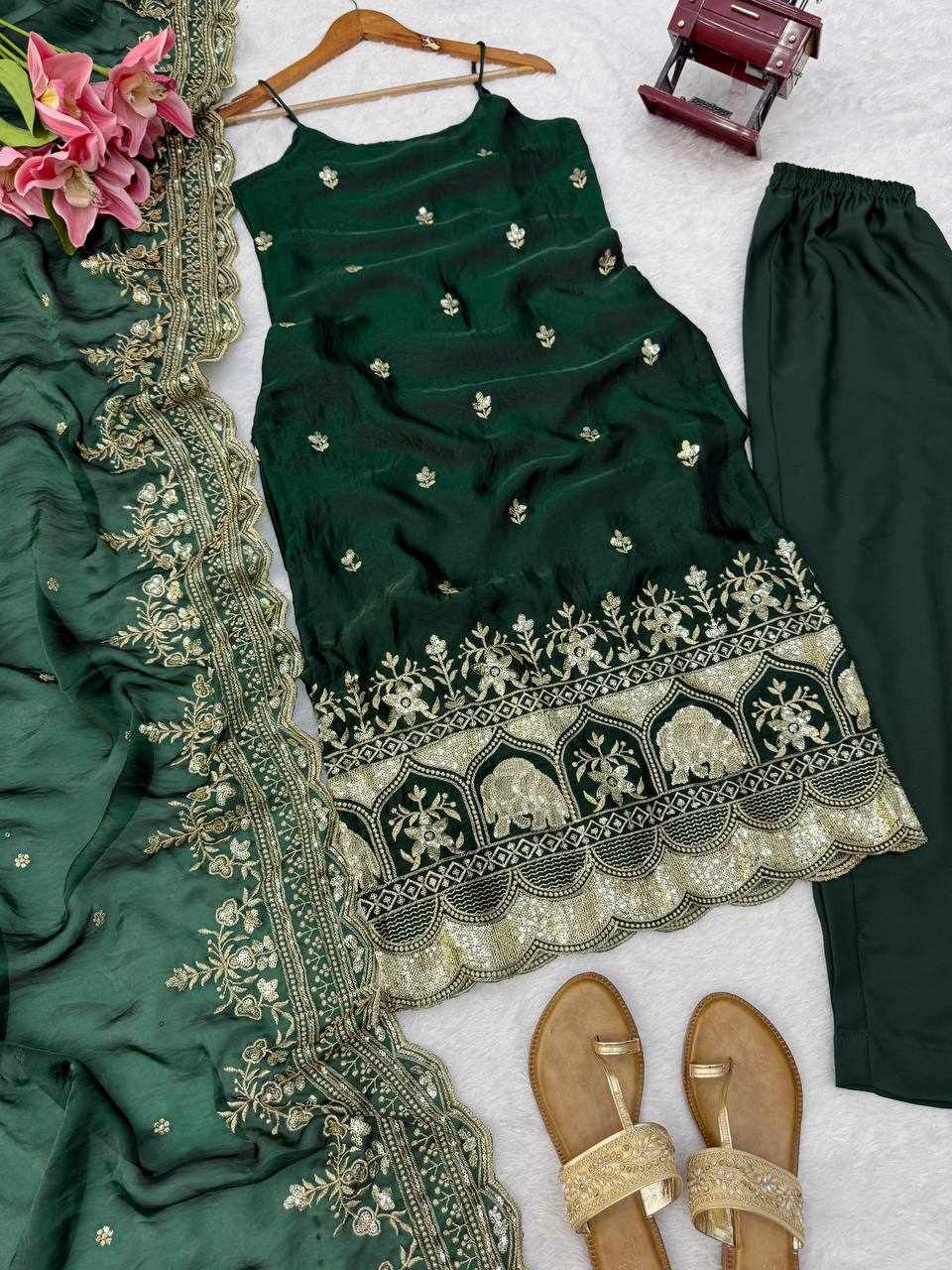 Premium Elegance Anarkali Silk Dark Green Dress  (KD 1640)