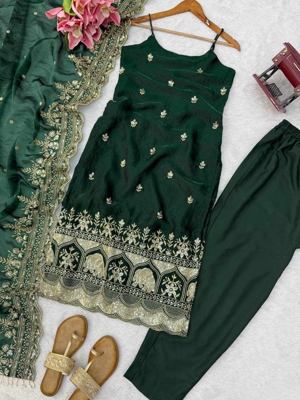 Premium Elegance Anarkali Silk Dark Green Dress  (KD 1640)