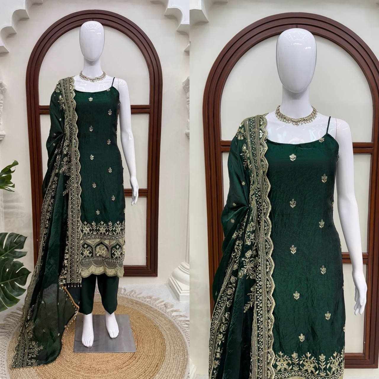 Premium Elegance Anarkali Silk Dark Green Dress  (KD 1640)