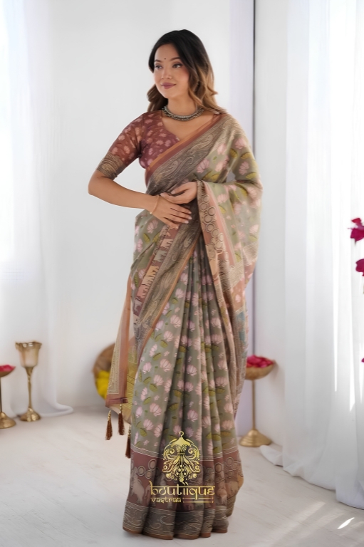 Premium Linen cotton with Elegance Flowers Design Saree  (KPW 408)
