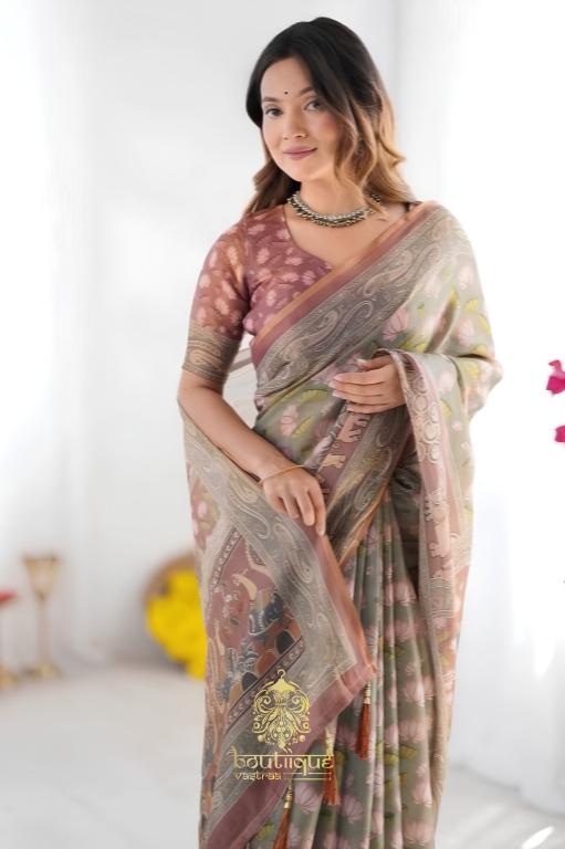 Premium Linen cotton with Elegance Flowers Design Saree  (KPW 408)