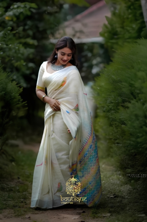 Premium Weaving Patta Linen Cotton Silver Saree